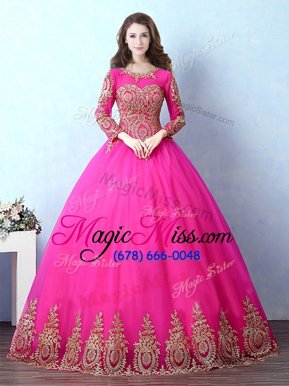 Fashion Scoop Fuchsia Lace Up 15th Birthday Dress Appliques Long Sleeves Floor Length