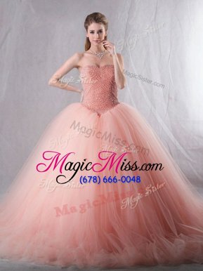 Modest Sweetheart Sleeveless Tulle Sweet 16 Quinceanera Dress Beading Brush Train Lace Up