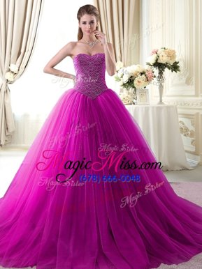 Hot Selling Fuchsia Sleeveless Tulle Brush Train Lace Up Sweet 16 Dresses for Military Ball and Sweet 16 and Quinceanera