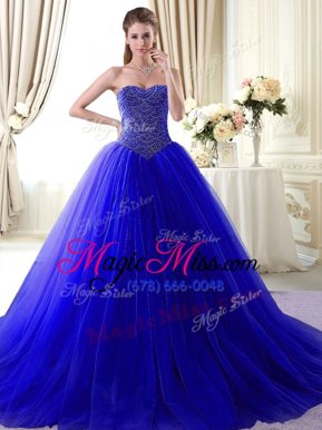 Dynamic Beading Sweet 16 Dresses Royal Blue Lace Up Sleeveless With Brush Train