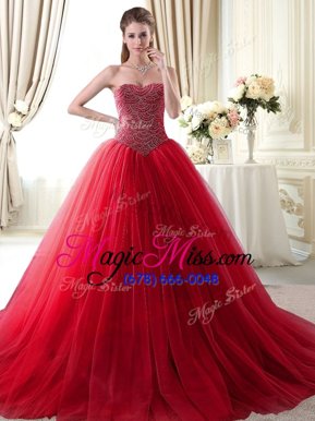 Affordable Red Sweet 16 Quinceanera Dress Military Ball and Sweet 16 and Quinceanera and For with Beading Sweetheart Sleeveless Brush Train Lace Up