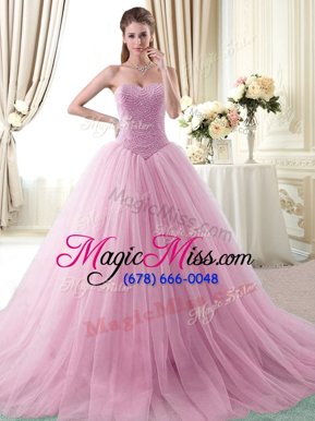 Rose Pink Ball Gowns Sweetheart Sleeveless Tulle With Brush Train Lace Up Beading 15 Quinceanera Dress