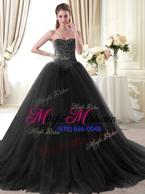 Classical Sleeveless Tulle Floor Length Lace Up Sweet 16 Dress in Black for with Beading