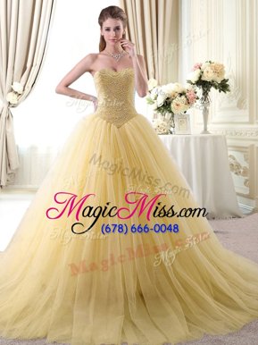 Beauteous Gold Ball Gowns Sweetheart Sleeveless Tulle Floor Length Lace Up Beading Ball Gown Prom Dress