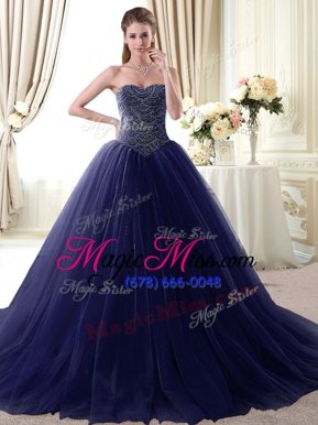 Modest Sweetheart Sleeveless Quinceanera Dress Floor Length Beading Navy Blue Tulle