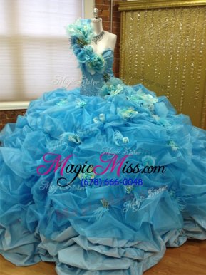 Sweet Blue One Shoulder Neckline Pick Ups and Hand Made Flower Quinceanera Dress Sleeveless Lace Up
