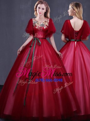 Charming Scoop Floor Length Ball Gowns Short Sleeves Wine Red Quinceanera Gown Lace Up