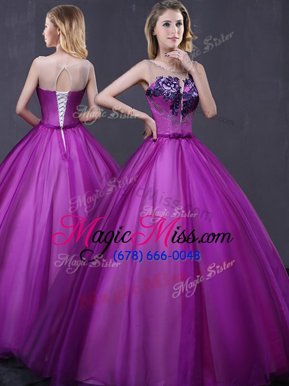 Comfortable Purple Ball Gowns Scoop Sleeveless Tulle Floor Length Lace Up Beading and Appliques Sweet 16 Dress