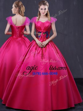 Stunning Cap Sleeves Satin Floor Length Lace Up Sweet 16 Quinceanera Dress in Hot Pink for with Appliques