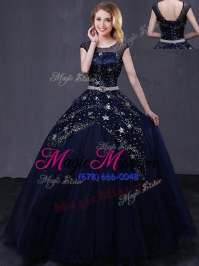 Inexpensive Scoop Beading and Belt Quinceanera Dresses Black Lace Up Cap Sleeves Floor Length