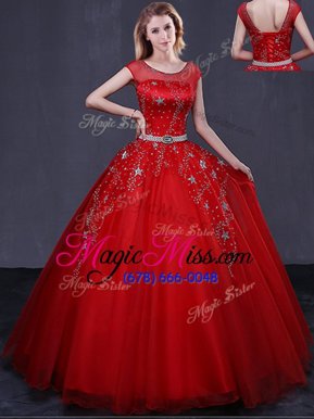 Romantic Red Scoop Lace Up Beading and Belt Quinceanera Dress Cap Sleeves