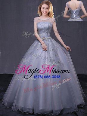 Luxury Scoop Cap Sleeves Lace Up Ball Gown Prom Dress Grey Tulle