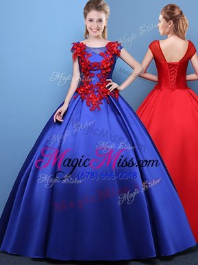 Dazzling Scoop Royal Blue Satin Lace Up 15th Birthday Dress Cap Sleeves Floor Length Appliques