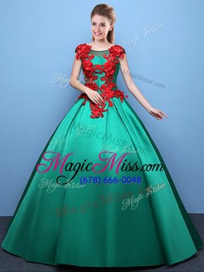 Comfortable Scoop Green Cap Sleeves Satin Lace Up Ball Gown Prom Dress for Military Ball and Sweet 16 and Quinceanera
