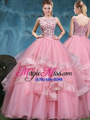 On Sale Baby Pink Ball Gowns Scoop Sleeveless Tulle Floor Length Lace Up Lace and Appliques and Ruffles Quince Ball Gowns