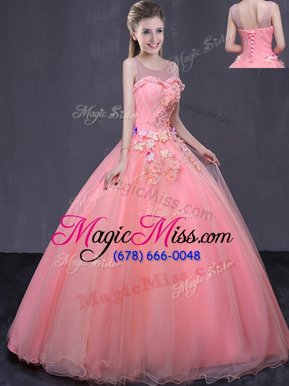 Best Scoop Floor Length Watermelon Red Quinceanera Dress Tulle Sleeveless Beading and Appliques