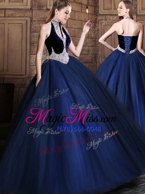 Adorable Halter Top Navy Blue Sleeveless Floor Length Beading Lace Up 15 Quinceanera Dress