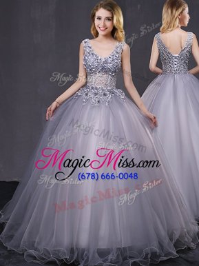 Modern Floor Length Grey Quince Ball Gowns Sleeveless Lace Up