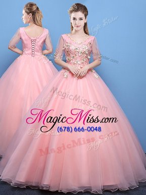 Latest Baby Pink Quinceanera Dresses Military Ball and Sweet 16 and Quinceanera and For with Appliques V-neck Half Sleeves Lace Up