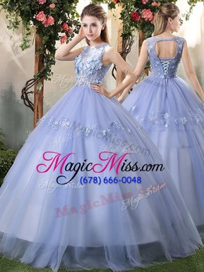 Simple Floor Length Lace Up Quinceanera Gown Lavender and In for Military Ball and Sweet 16 and Quinceanera with Appliques