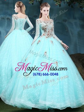 Modern Scoop Long Sleeves Floor Length Appliques Lace Up Quinceanera Dress with Apple Green