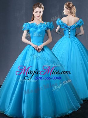 Nice Off the Shoulder Cap Sleeves Lace Up Floor Length Appliques Quinceanera Dresses