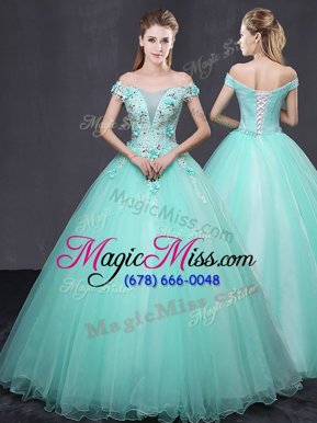 Cute Off the Shoulder Floor Length Ball Gowns Sleeveless Apple Green Sweet 16 Dresses Lace Up