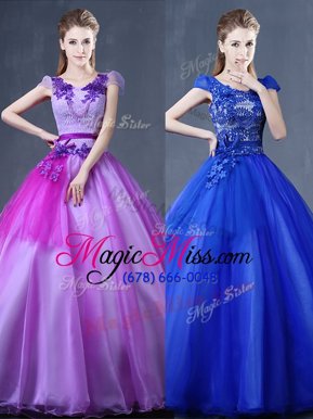 Top Selling Purple Lace Up Quinceanera Gown Lace and Appliques Short Sleeves Floor Length