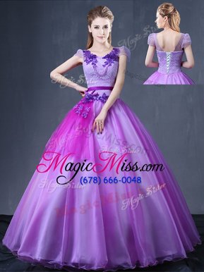 Shining Lavender Quince Ball Gowns Military Ball and Sweet 16 and Quinceanera and For with Lace and Appliques V-neck Short Sleeves Lace Up