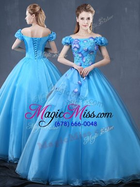 Modest Ball Gowns Ball Gown Prom Dress Baby Blue Off The Shoulder Organza Short Sleeves Floor Length Lace Up