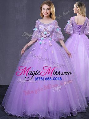 Enchanting Scoop Floor Length Ball Gowns Half Sleeves Lavender 15th Birthday Dress Lace Up