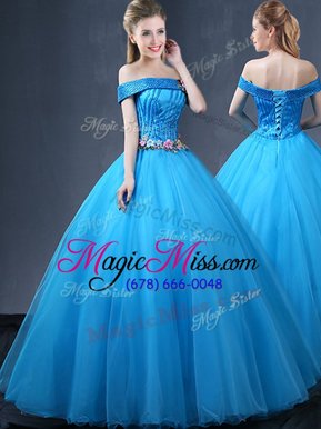 Cute Off The Shoulder Sleeveless Lace Up Quinceanera Gowns Baby Blue Tulle