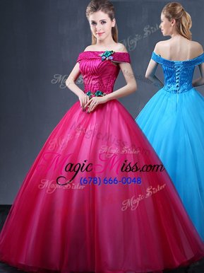 Wonderful Fuchsia Off The Shoulder Lace Up Beading and Appliques Sweet 16 Dresses Sleeveless