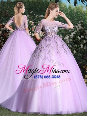 Wonderful Scoop Lilac Short Sleeves With Train Appliques Backless Sweet 16 Quinceanera Dress