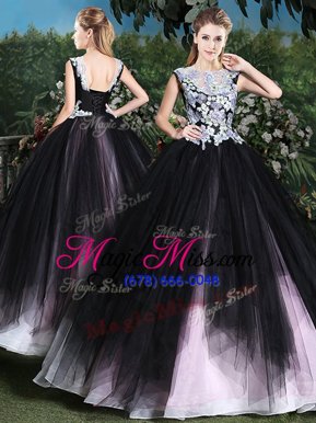 Glittering Scoop Sleeveless Sweet 16 Dress Floor Length Appliques and Ruffles Pink And Black Tulle