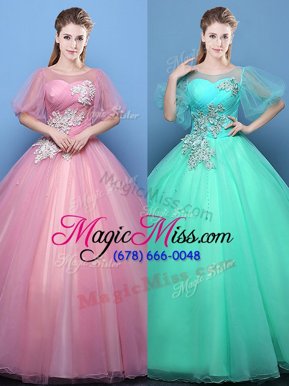 Scoop Floor Length Ball Gowns Half Sleeves Pink and Turquoise Sweet 16 Dress Lace Up