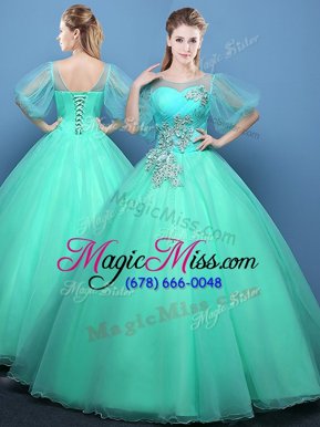 Top Selling Scoop Floor Length Ball Gowns Half Sleeves Turquoise Quince Ball Gowns Lace Up