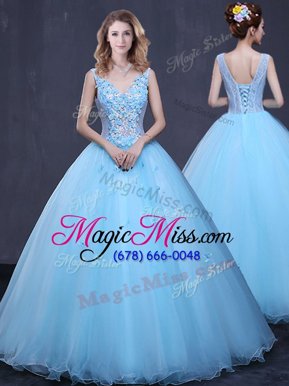 Eye-catching Light Blue Ball Gowns Lace and Appliques Vestidos de Quinceanera Lace Up Tulle Sleeveless Floor Length