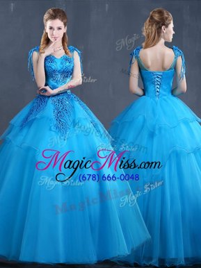 Baby Blue V-neck Neckline Appliques Quinceanera Gown Sleeveless Lace Up