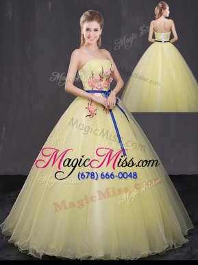 Customized Yellow Sweet 16 Dresses Military Ball and Sweet 16 and Quinceanera and For with Appliques Strapless Sleeveless Lace Up