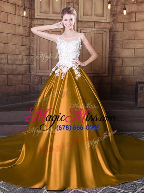 Flare Scoop Sleeveless Court Train Lace Up 15 Quinceanera Dress Gold Elastic Woven Satin