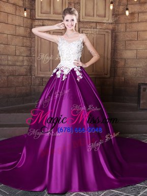 Perfect Elastic Woven Satin Scoop Sleeveless Court Train Lace Up Lace and Appliques Quinceanera Gowns in Eggplant Purple