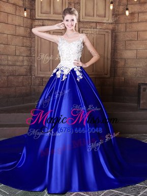Delicate Royal Blue Ball Gowns Elastic Woven Satin Scoop Sleeveless Appliques With Train Lace Up Sweet 16 Dresses Court Train