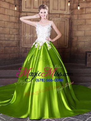 Scoop Sleeveless With Train Lace and Appliques Lace Up Quinceanera Dress with Yellow Green Court Train