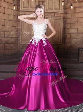 Scoop With Train Lace Up Sweet 16 Dresses Fuchsia and In for Military Ball and Sweet 16 and Quinceanera with Appliques Court Train