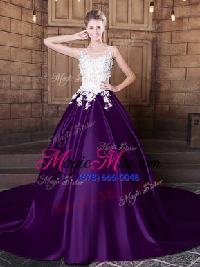Decent Scoop Sleeveless Elastic Woven Satin With Train Court Train Lace Up Ball Gown Prom Dress in White And Purple for with Lace and Appliques