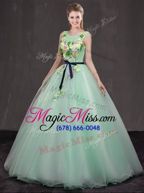 Customized Floor Length Apple Green Quinceanera Gowns Scoop Sleeveless Lace Up
