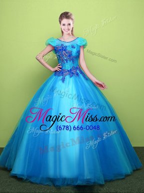Ideal Scoop Short Sleeves 15th Birthday Dress Floor Length Appliques Baby Blue Tulle