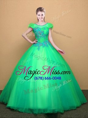 Elegant Scoop Turquoise Tulle Lace Up 15th Birthday Dress Short Sleeves Floor Length Appliques