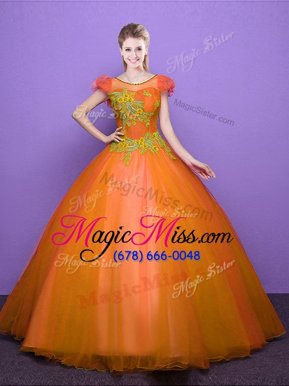 Luxurious Scoop Short Sleeves Floor Length Appliques Lace Up Quinceanera Gown with Orange